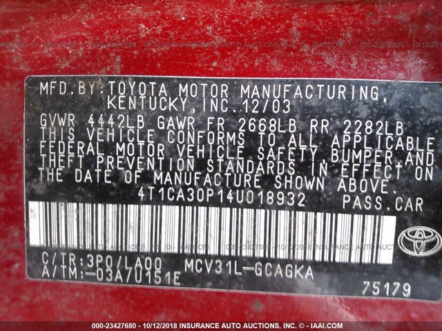 4T1CA30P14U018932 - 2004 TOYOTA CAMRY SOLARA SE/SLE წითელი ფოტო 9