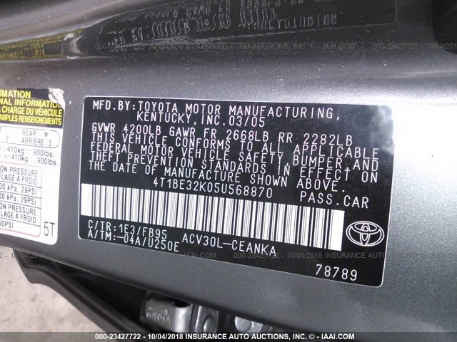 4T1BE32K05U568870 - 2005 TOYOTA CAMRY LE/XLE/SE Boz foto 9