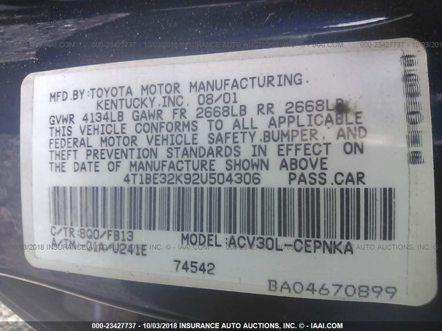 4T1BE32K92U504306 - 2002 TOYOTA CAMRY LE/XLE/SE Көк фото 9