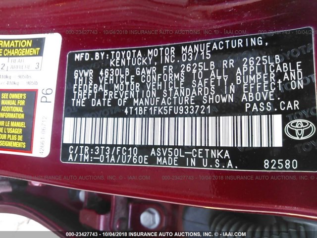 4T1BF1FK5FU933721 - 2015 TOYOTA CAMRY LE/XLE/SE/XSE 栗色 照片 9