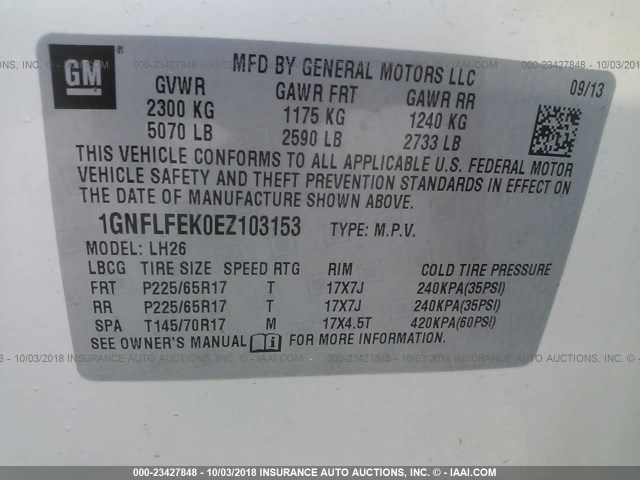 1GNFLFEK0EZ103153 - 2014 CHEVROLET EQUINOX LT WHITE photo 9