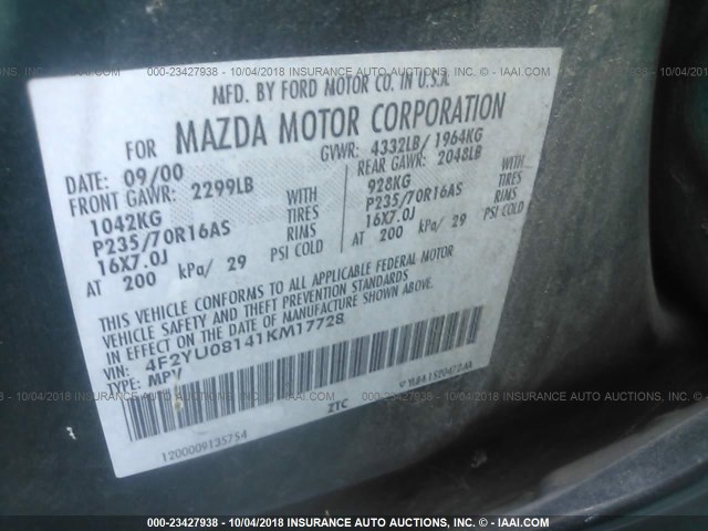 4F2YU08141KM17728 - 2001 MAZDA TRIBUTE LX/ES 绿色 照片 9