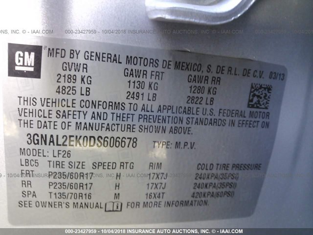 3GNAL2EK0DS606678 - 2013 CHEVROLET CAPTIVA LS 银色 照片 9