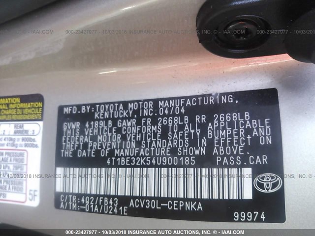 4T1BE32K54U900185 - 2004 TOYOTA CAMRY LE/XLE/SE 金色 照片 9