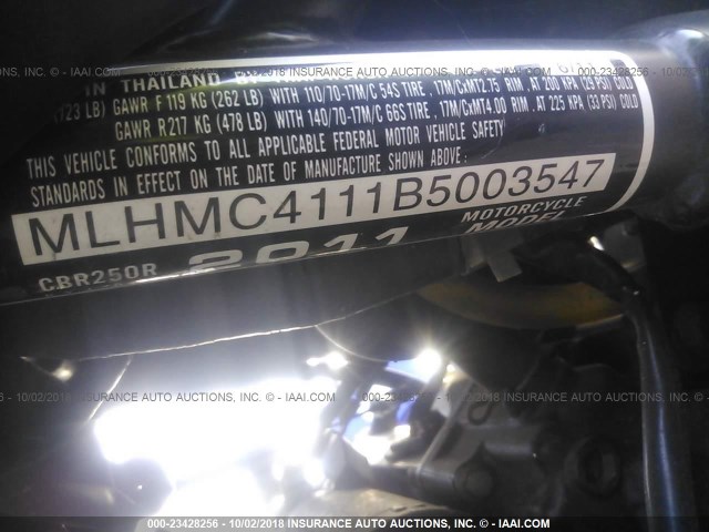 MLHMC4111B5003547 - 2011 HONDA CBR250 R BLACK photo 10