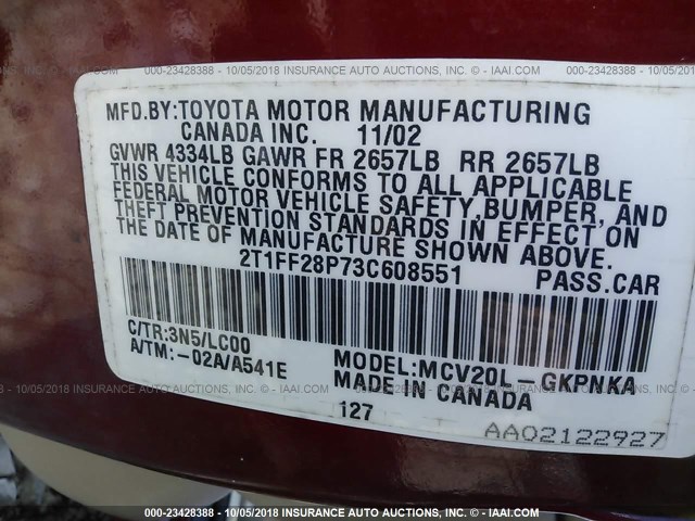 2T1FF28P73C608551 - 2003 TOYOTA CAMRY SOLARA SE/SLE Қызыл фото 9