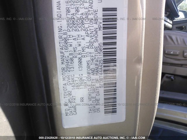 5TDBT44A42S115095 - 2002 TOYOTA SEQUOIA SR5 TAN photo 9