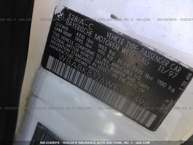 WBABK8326WEY87398 - 1998 BMW 328 IC AUTOMATIC WHITE photo 9