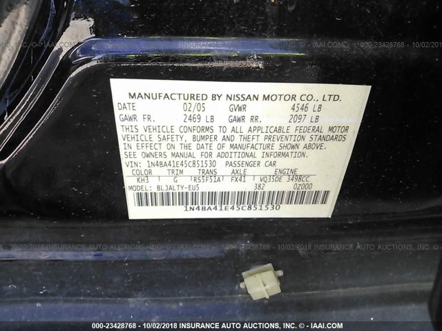 1N4BA41E45C851530 - 2005 NISSAN MAXIMA SE/SL BLACK photo 9