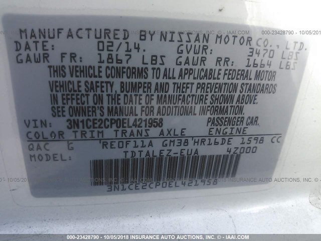 3N1CE2CP0EL421958 - 2014 NISSAN VERSA NOTE S/S PLUS/SV/SL WHITE photo 9