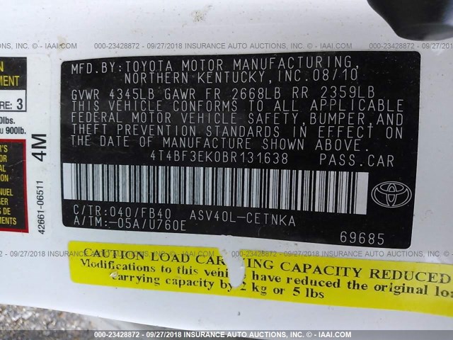 4T4BF3EK0BR131638 - 2011 TOYOTA CAMRY SE/LE/XLE WHITE photo 9