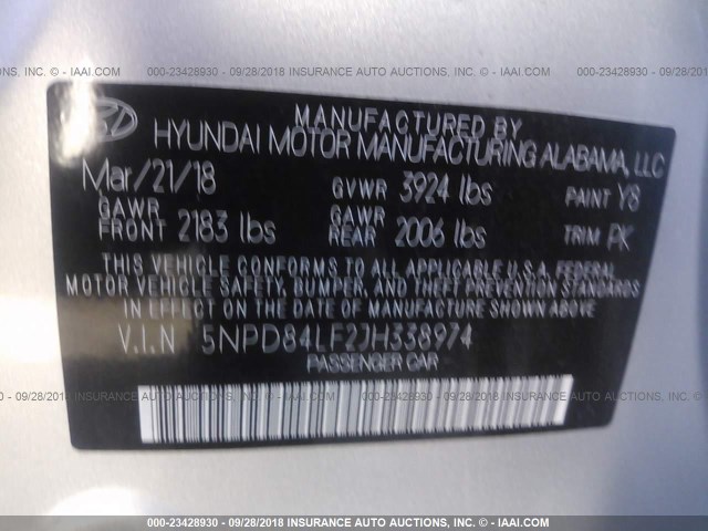 5NPD84LF2JH338974 - 2018 HYUNDAI ELANTRA SEL/VALUE/LIMITED SILVER photo 9