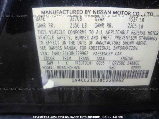 1N4CL21E38C229962 - 2008 NISSAN ALTIMA HYBRID BLUE photo 9