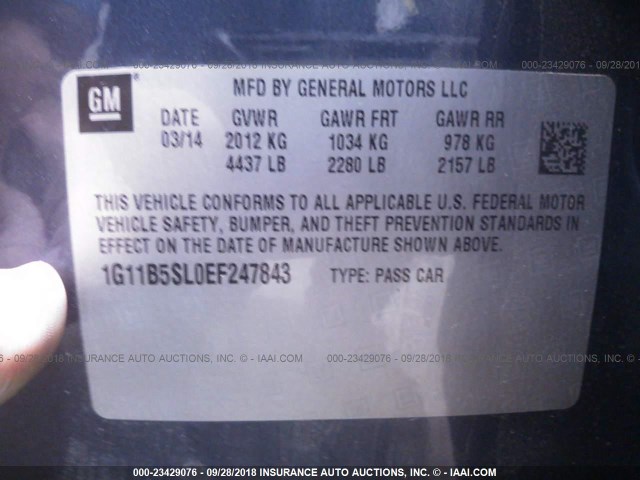 1G11B5SL0EF247843 - 2014 CHEVROLET MALIBU LS 蓝色 照片 9