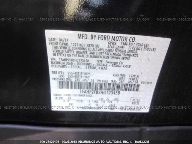 1FAHP2F82HG123458 - 2017 FORD TAURUS LIMITED BLACK photo 9