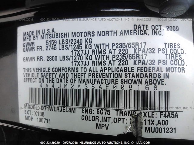 4A4JM2AS8AE008168 - 2010 MITSUBISHI ENDEAVOR LS შავი ფოტო 9