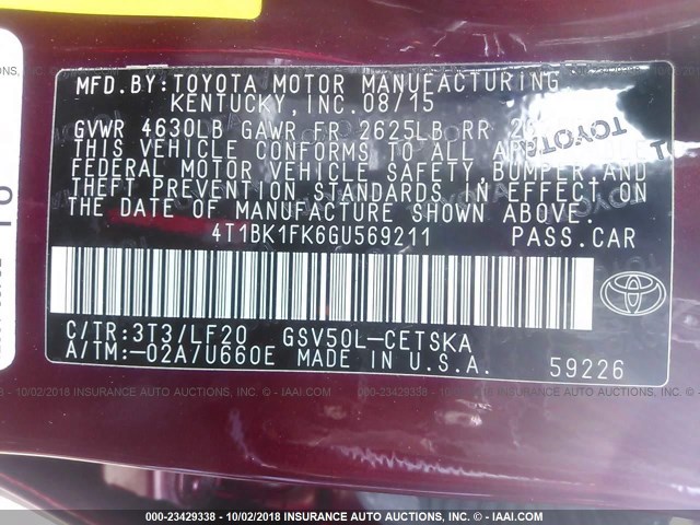 4T1BK1FK6GU569211 - 2016 TOYOTA CAMRY XSE/XLE Qırmızı foto 9