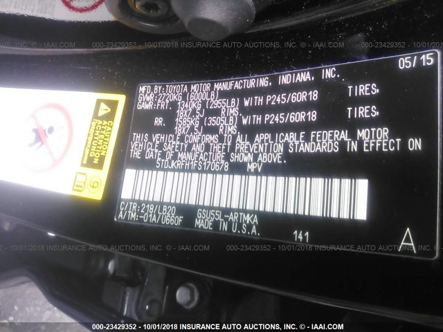 5TDJKRFH1FS170678 - 2015 TOYOTA HIGHLANDER XLE შავი ფოტო 9