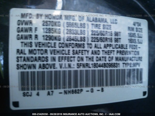 5FNRL18044B096831 - 2004 HONDA ODYSSEY EXL GRAY photo 9