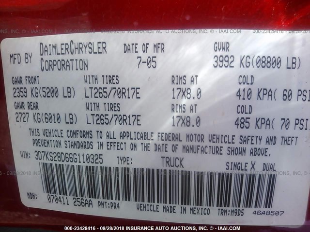 3D7KS28D66G110325 - 2006 DODGE RAM 2500 ST/SLT 红色 照片 9