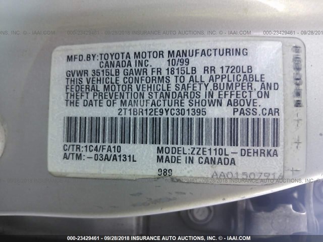 2T1BR12E9YC301395 - 2000 TOYOTA COROLLA VE/CE/LE 银色 照片 9