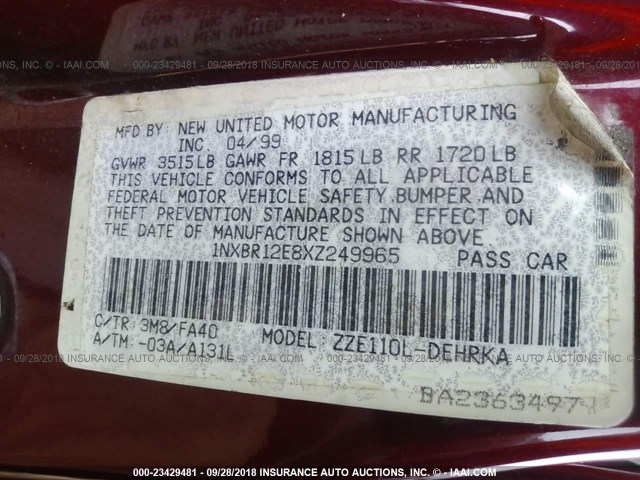 1NXBR12E8XZ249965 - 1999 TOYOTA COROLLA VE/CE/LE 栗色 照片 9