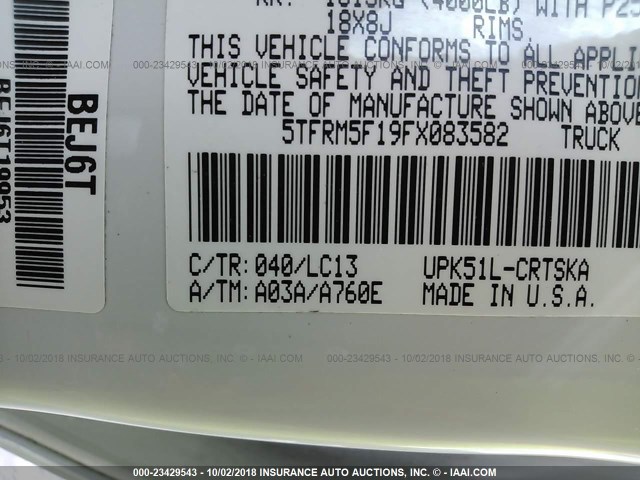 5TFRM5F19FX083582 - 2015 TOYOTA TUNDRA DOUBLE CAB SR/SR5 WHITE photo 9