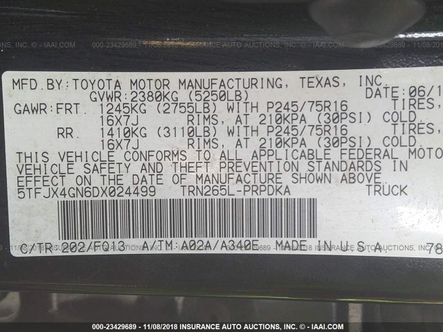 5TFJX4GN6DX024499 - 2013 TOYOTA TACOMA შავი ფოტო 9