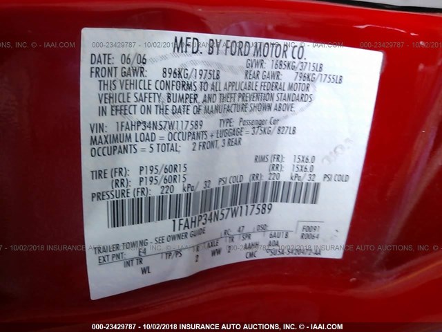 1FAHP34N57W117589 - 2007 FORD FOCUS ZX4/S/SE/SES Қызыл фото 9