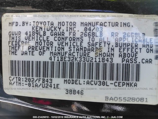 4T1BE32K33U211843 - 2003 TOYOTA CAMRY LE/XLE/SE BLACK photo 9