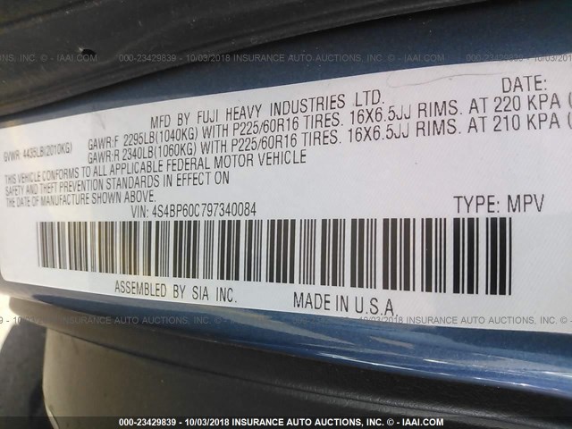 4S4BP60C797340084 - 2009 SUBARU OUTBACK BLUE photo 9