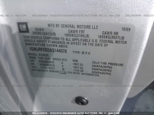 1GNLRFED3AS144978 - 2010 CHEVROLET TRAVERSE LT SILVER photo 9