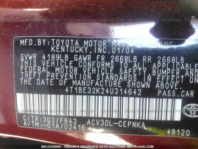 4T1BE32K24U314642 - 2004 TOYOTA CAMRY LE/XLE/SE BURGUNDY photo 9
