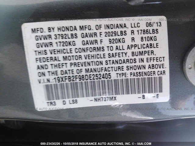 19XFB2F98DE252405 - 2013 HONDA CIVIC EXL 银色 照片 9