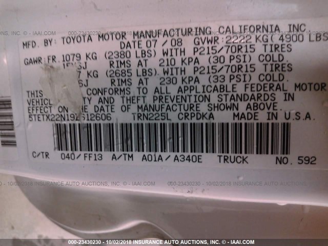 5TETX22N19Z612606 - 2009 TOYOTA TACOMA ACCESS CAB თეთრი ფოტო 9