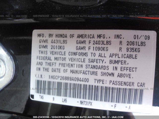1HGCP26889A094400 - 2009 HONDA ACCORD EXL BLACK photo 9
