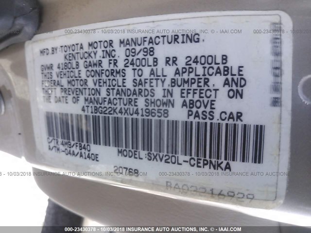 4T1BG22K4XU419658 - 1999 TOYOTA CAMRY CE/LE/XLE 金色 照片 9