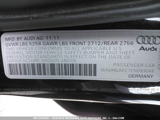 WAUHGAFC7CN093044 - 2012 AUDI A6 PRESTIGE შავი ფოტო 9