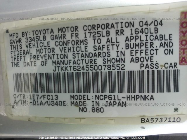 JTKKT624550078552 - 2005 TOYOTA SCION XA SILVER photo 9