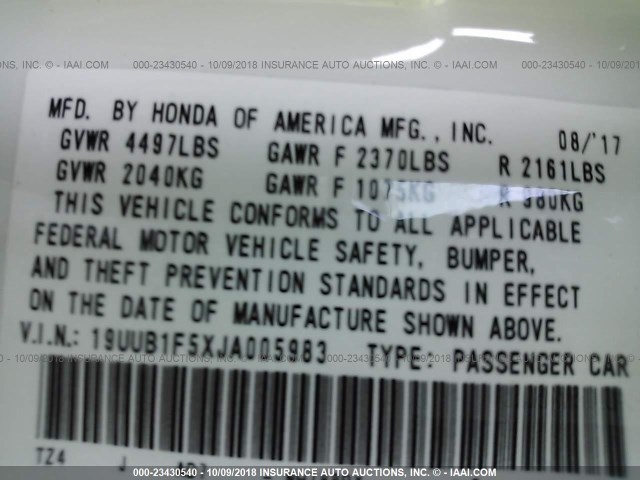 19UUB1F5XJA005983 - 2018 ACURA TLX TECH თეთრი ფოტო 9