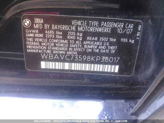 WBAVC73598KP38017 - 2008 BMW 328 XI SULEV BLUE photo 9