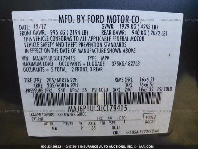 MAJ6P1UL3JC179415 - 2018 FORD ECOSPORT SE GRAY photo 9