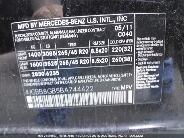 4JGBB8GB5BA744422 - 2011 MERCEDES-BENZ ML 350 4MATIC BLACK photo 9