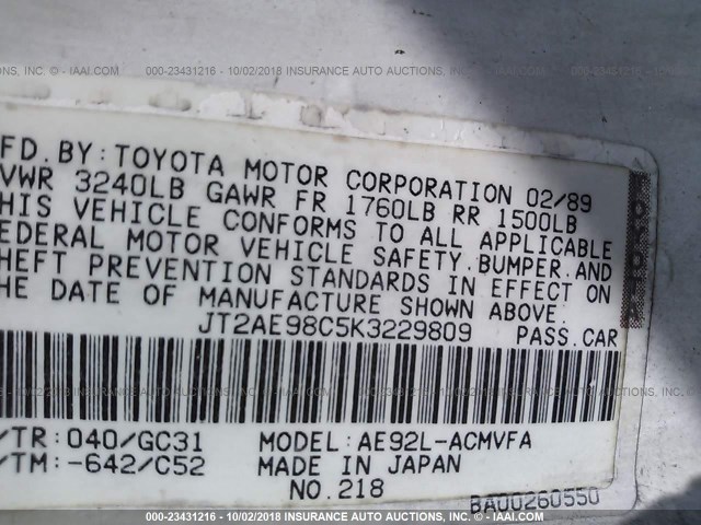 JT2AE98C5K3229809 - 1989 TOYOTA COROLLA GT-S WHITE photo 9