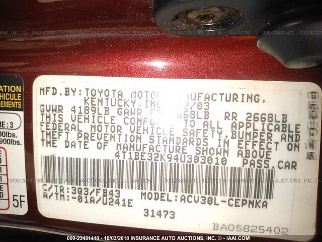 4T1BE32K94U303010 - 2004 TOYOTA CAMRY LE/XLE/SE Қызыл фото 9