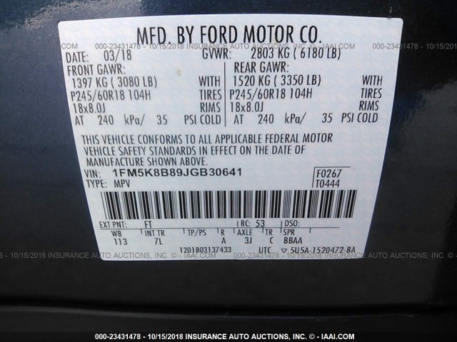 1FM5K8B89JGB30641 - 2018 FORD EXPLORER BLUE photo 9