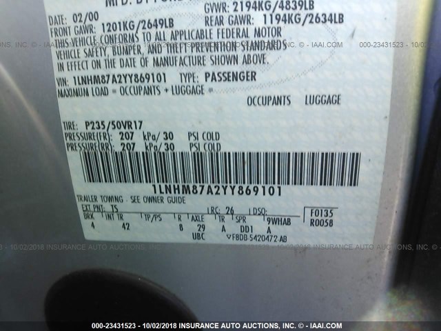 1LNHM87A2YY869101 - 2000 LINCOLN LS 灰色 照片 9