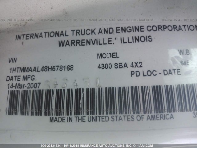 1HTMMAAL48H578168 - 2008 INTERNATIONAL 4300 4300 WHITE photo 10