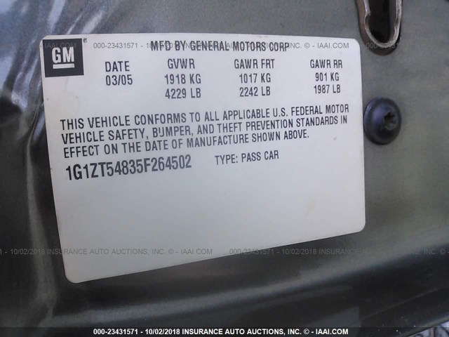 1G1ZT54835F264502 - 2005 CHEVROLET MALIBU LS შამპანური ფოტო 9