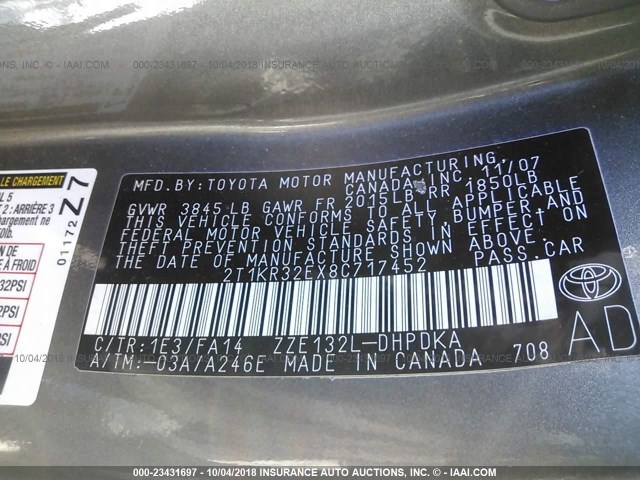 2T1KR32EX8C717452 - 2008 TOYOTA COROLLA MATRIX XR GRAY photo 9